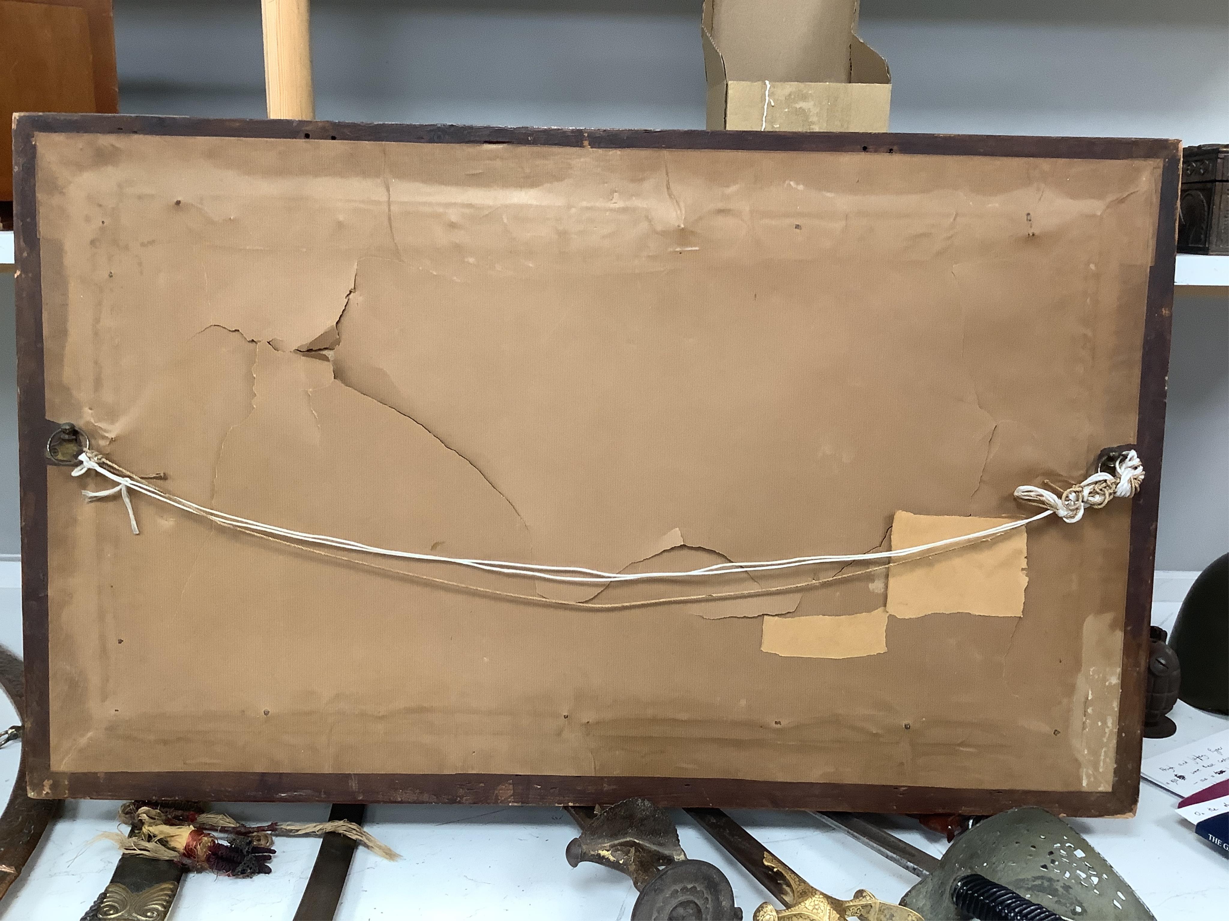 A large 19th century folk art ‘sailors woolie’ embroidery, of a naval steam ship and a frigate, both flying the Royal Navy ensign. 74cm x 39cm.